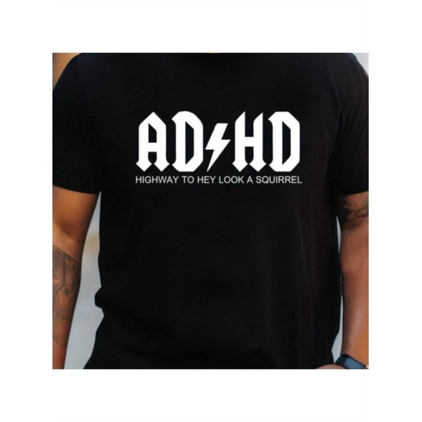 Plus Size, 'ADHD' Print Casual T-Shirt For Men, Breathable Short Sleeve Loose Sports Tee Big & Tall Summer Clothing