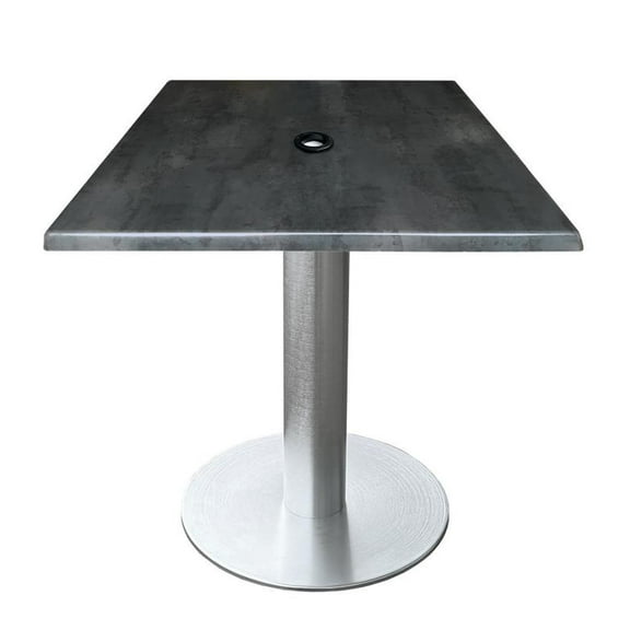 Indoor/Outdoor 30" Tall OD219 Brushed Aluminum Table Base with 18" Diameter Foot and 36" x 36" Square Indoor/Outdoor Black Steel Top with Umbrella Hole