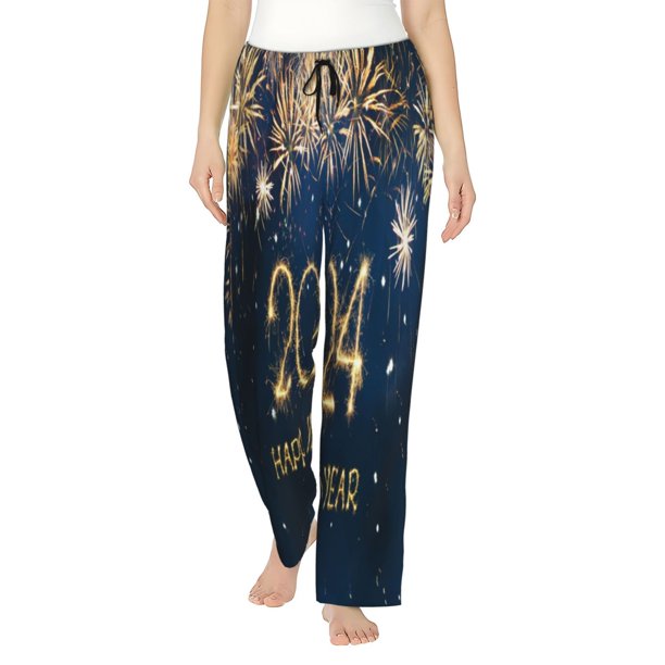 Balery Happy New Year 2024 (3) Pantalones de pijama para mujer, pijamas ultraligeros, pantalones de estar por casa-Medium
