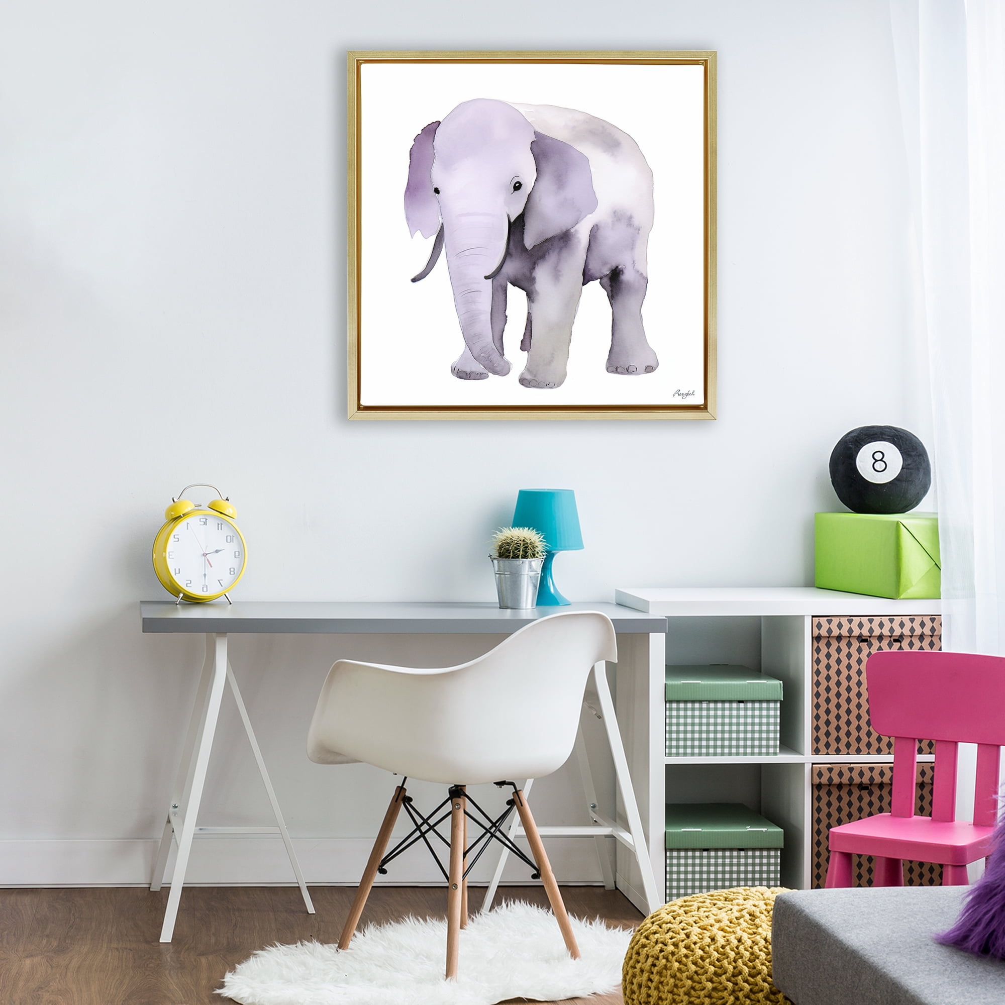 Stupell Industries Kid's Minimal Elephant Gold Framed Floater Canvas Wall Art, design by Roozbeh