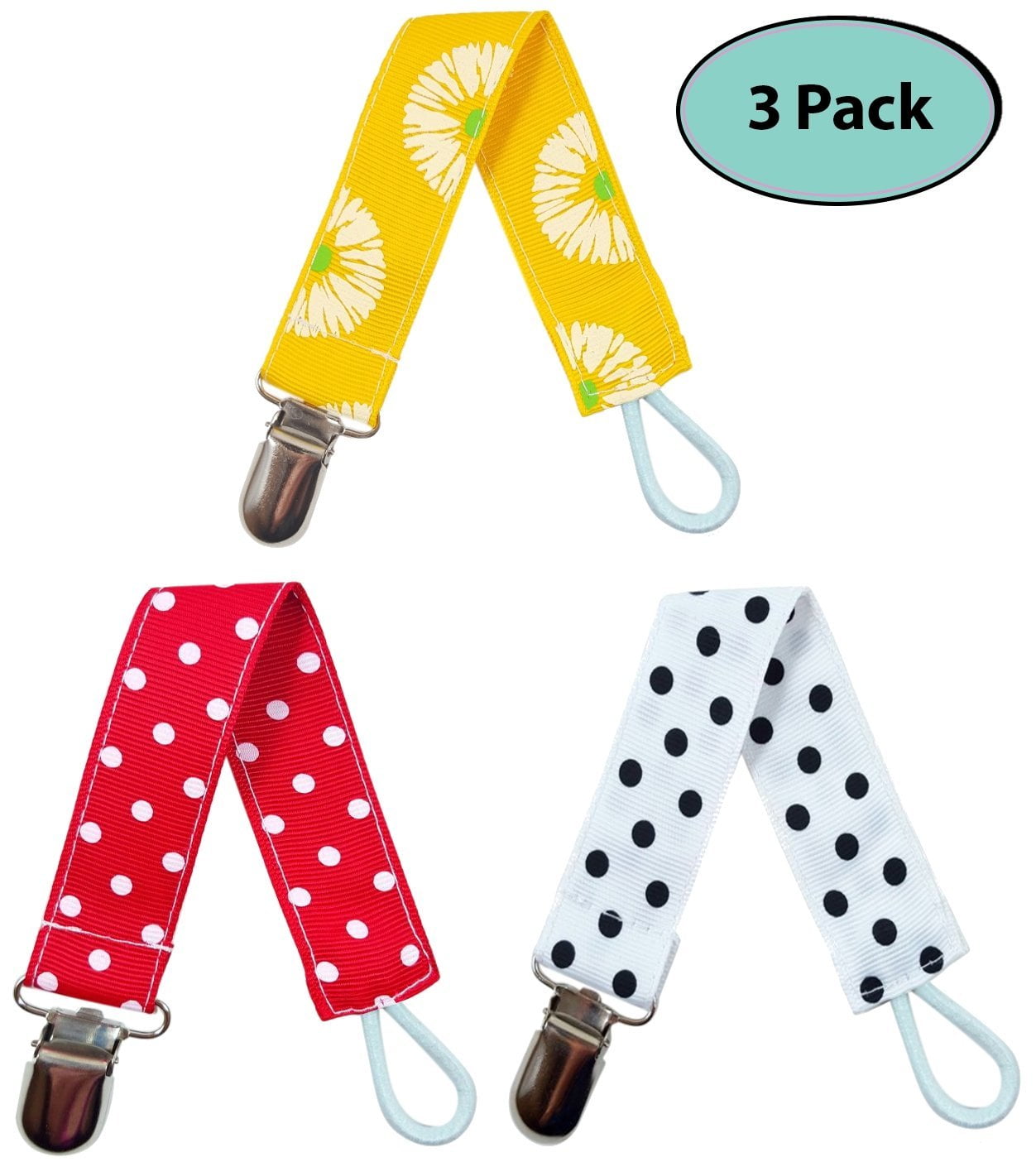 Pacifier Clip Holder (Unisex) Red, Yellow, and White 3 Pack