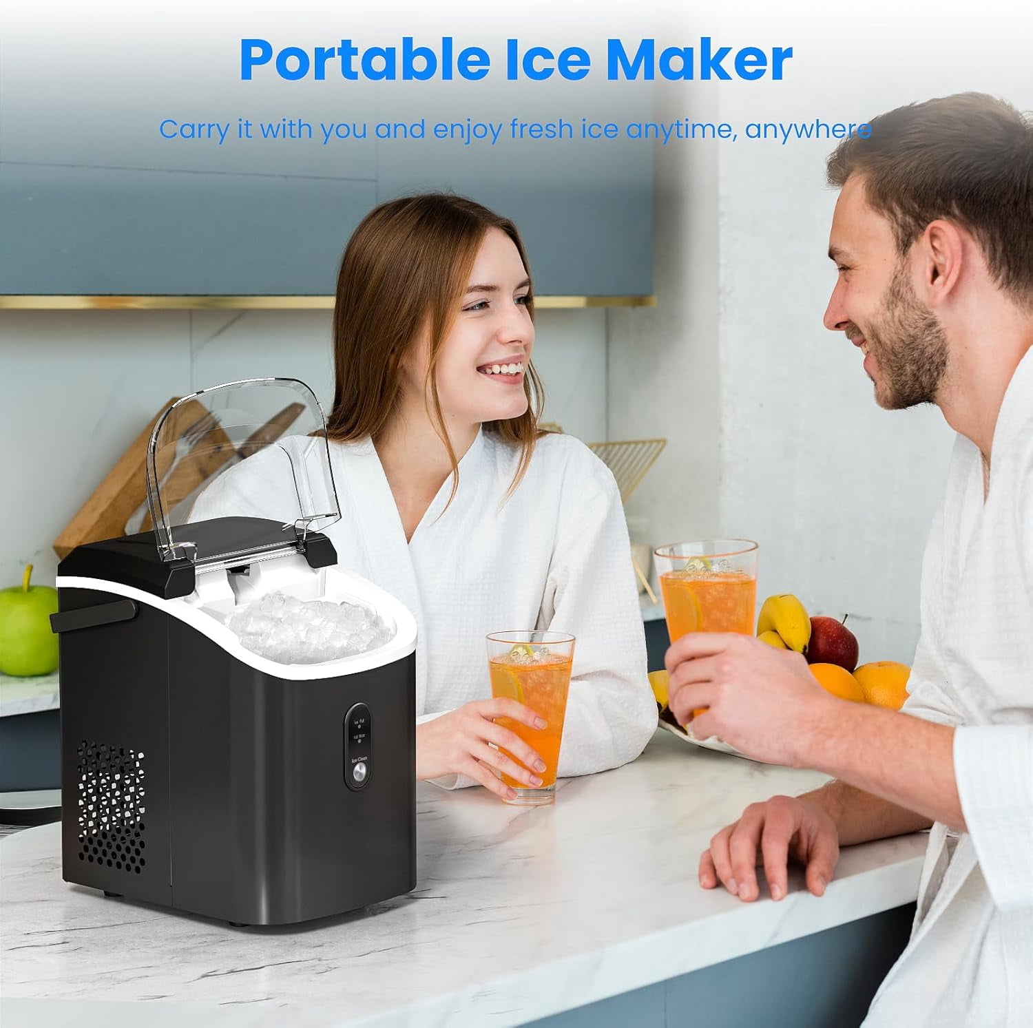 FREE VILLAGE Nugget Ice Makers Countertop,Portable Ice Maker Machine with Self-Cleaning,35lbs/24H,Crushed Ice Machine with Handle & Scoop for Home,Kitchen,Office and Camping - Black