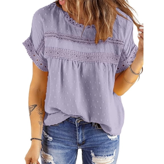 UVN Summer Shirts for Women Short Sleeve Blouses Ladies Crewneck Lace Crochet Tops Dressy Chiffon Blouses