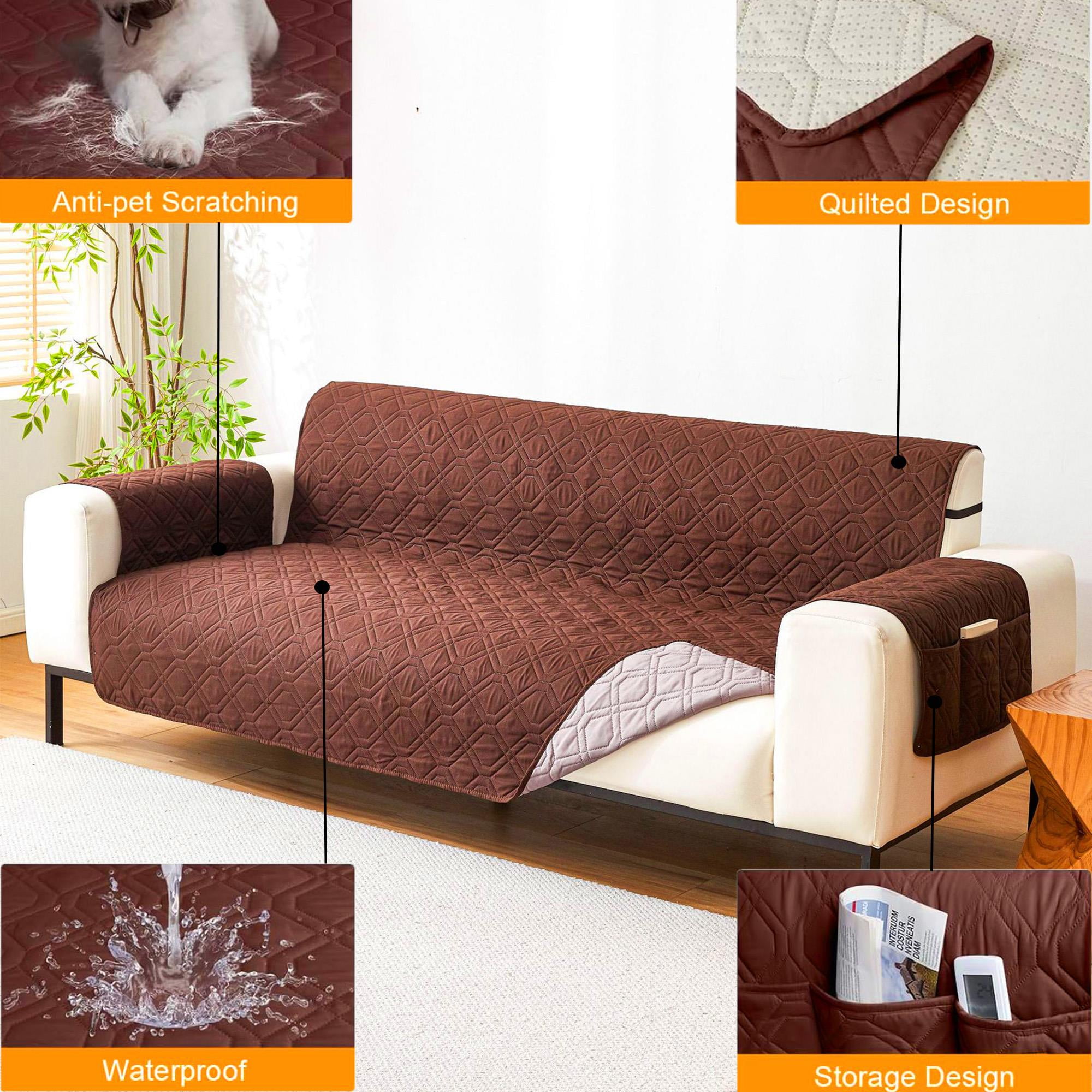 Waterproof Couch Covers 3 Cushion Couch,Non Slip 3 Seater Sofa Covers Washable,Furniture Protector with Side Pockets Elastic Straps for Dogs, Pets,Living Room(Brown,3 Seater Sofa)