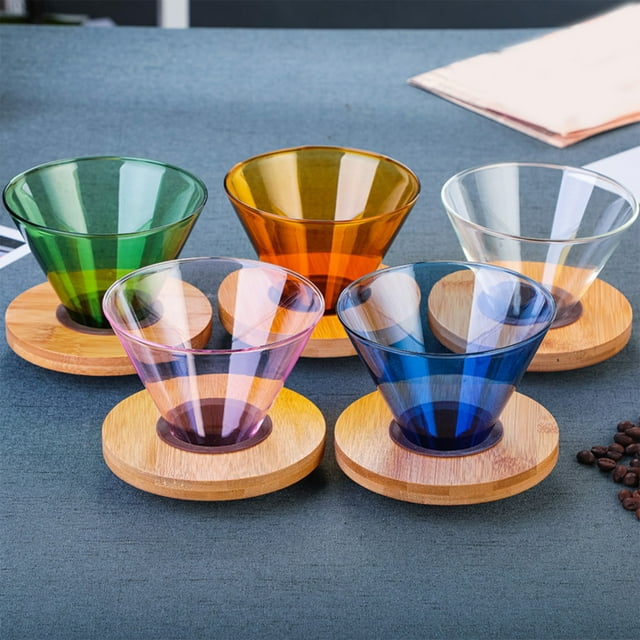 Vaidha Filtre à Café Café Tasse Filtre en Verre Coloré Tasse Portable en Verre pour Café Infusé à la Main Goutte à Goutte Filtre Réutilisable Base en Bois Amovible