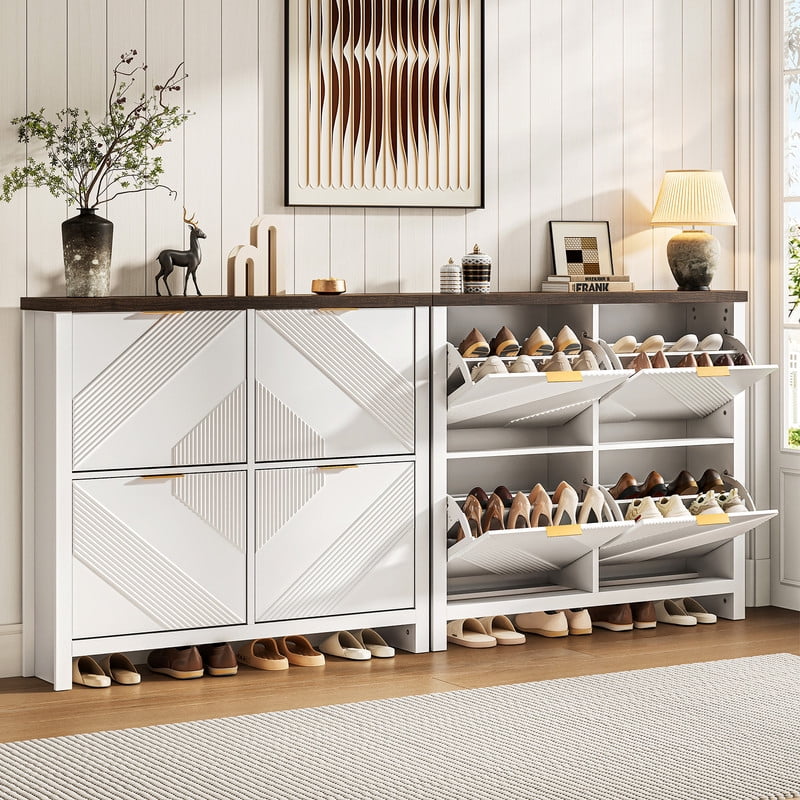Shoe Cabinet with 4 Flip Drawers, Narrow Shoe Organizer with Symmetric Groove Pattern, Freestanding Wood Hidden Shoe Storage Cabinet for Entryway, Hallway