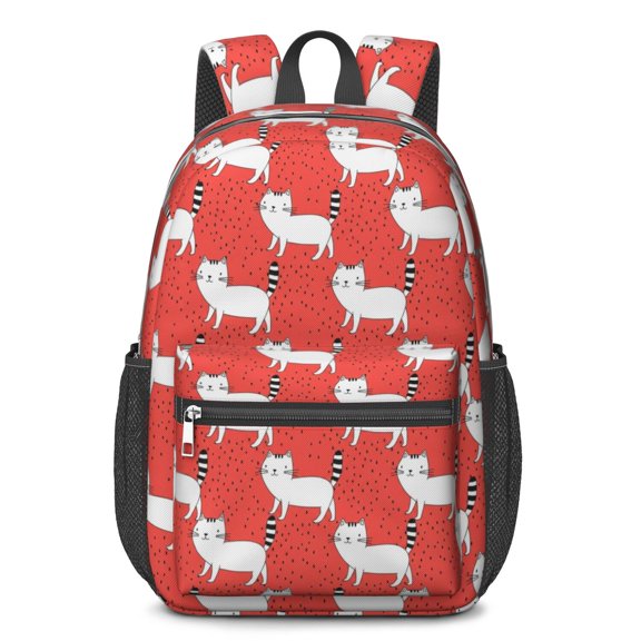 White Cat and Dot Red Pattern 17" School Backpacks for Teens,Waterproof Oxford Fabric,S-Shape Padded Straps for School,Travel,Hiking,Camping
