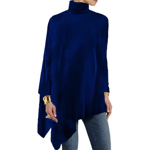 MOJOGO Women's Turtleneck Tops Long Sleeve Velvet Shirts Elegant Cape Tops Trendy Spring Outfits Blue L