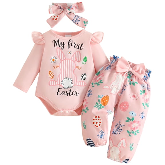 Quealent My First Easter Baby Girl Outfit Ruffle Sleeve Bunny Romper Onesie with Bow Pants Headband 3Pcs Easter Clothes Set Red for Size 3-6 Months