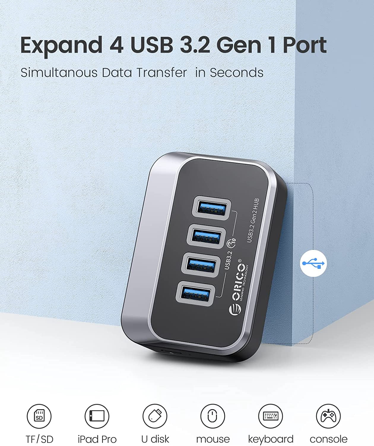 ORICO USB 3.2 Gen 2 Hub,10Gbps USB Hub with 4 USB A Ports, USB Adapter USB Extender USB Splitter with 1.64Ft USB Cable USB Multiport Adapter for MacBooks,Laptop, Camera,Keyborad, Mouse