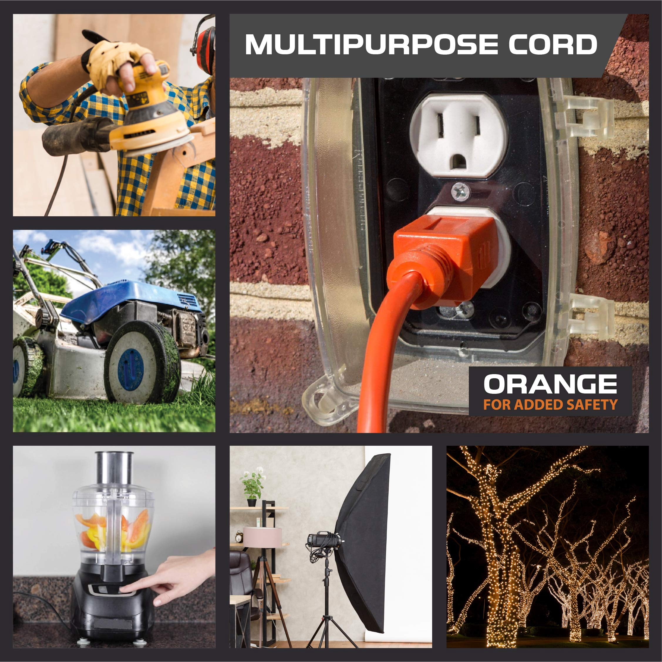Iron Forge Cable Weatherproof 25 Ft Outdoor Extension Cord - 16/3 SJTW 13 Amp Heavy Duty Highly Visible Orange Extension Cord 3 Prong - Lighted End