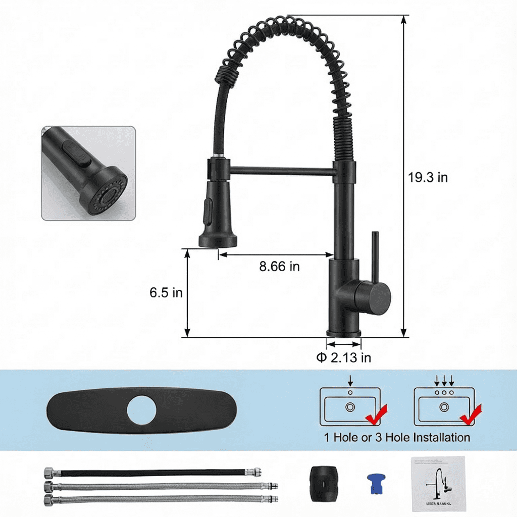 Kitchen Faucet with Pull Down Sprayer Industrial 1 Handle 1 Hole or 3 Hole Faucet for Farmhouse Camper Laundry Utility,Black