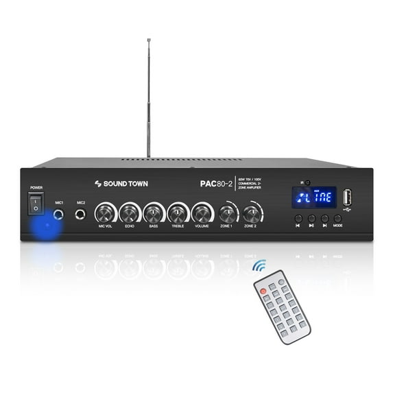 Sound Town 60W 2-Zone 70V/100V Commerical Power Amplifier with Bluetooth, Aluminum, for Restaurants, Lounges, Bars, Pubs, Schools and Warehouse (PAC80-2)