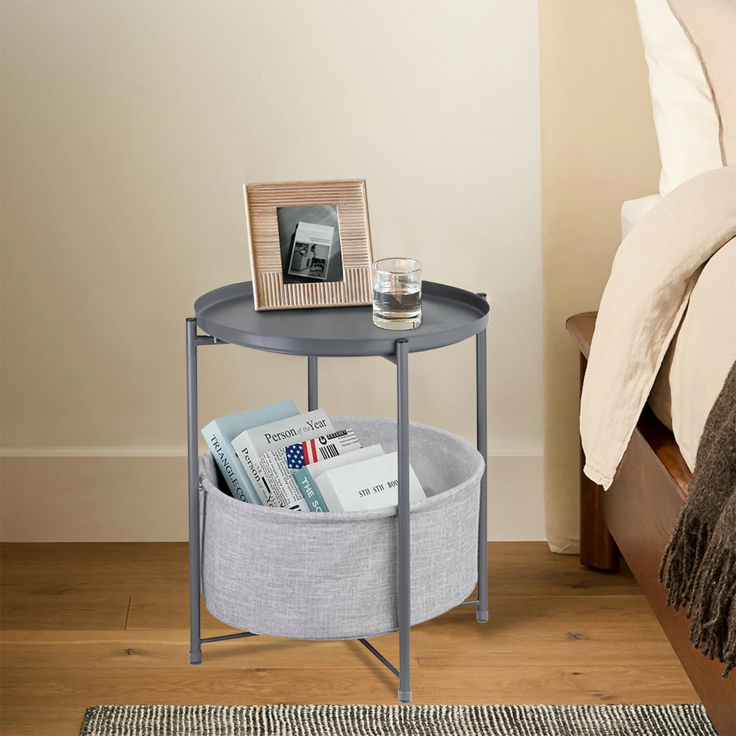 CERBIOR Round Side End Table, Modern Nightstand with Fabric Basket, Gray