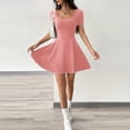 thumbnail image 5 of Women Solid Square Neck Short Sleeve Bodycon Flared Mini Dress, High Stretch Slim Fit A-Line Skater Dress, Casual Club Party Going Out Cute Dresses Pink XXXL(XXXL), 5 of 6