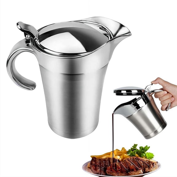 14 Oz Stainless Steel Insulated Gravy Boat with Lid Double Walled Thermal Jug for Hot Sauces Cream and Syrup Serving with Non Drip Spout and Ergonomic Handle