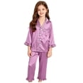 thumbnail image 2 of eczipvz Kids Boys Girls Pajama Sets Silk Satin Button Down Shirt Top and Pants Set Infant Baby Sleepwear Purple 5-6 Years, 2 of 9