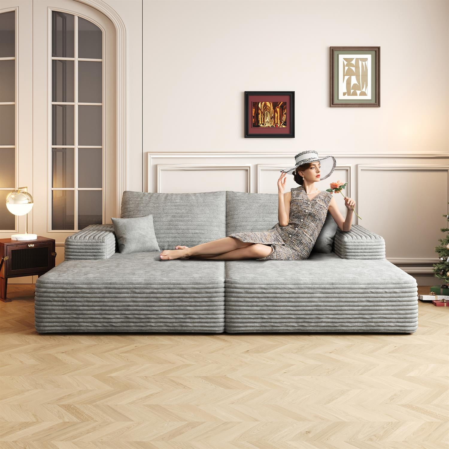 Demi Bonn 74.8" Modern Plush Corduroy Sofa Bed, Dual Sleeper & Lounger for Movie Room, No Assembly Needed, Gray