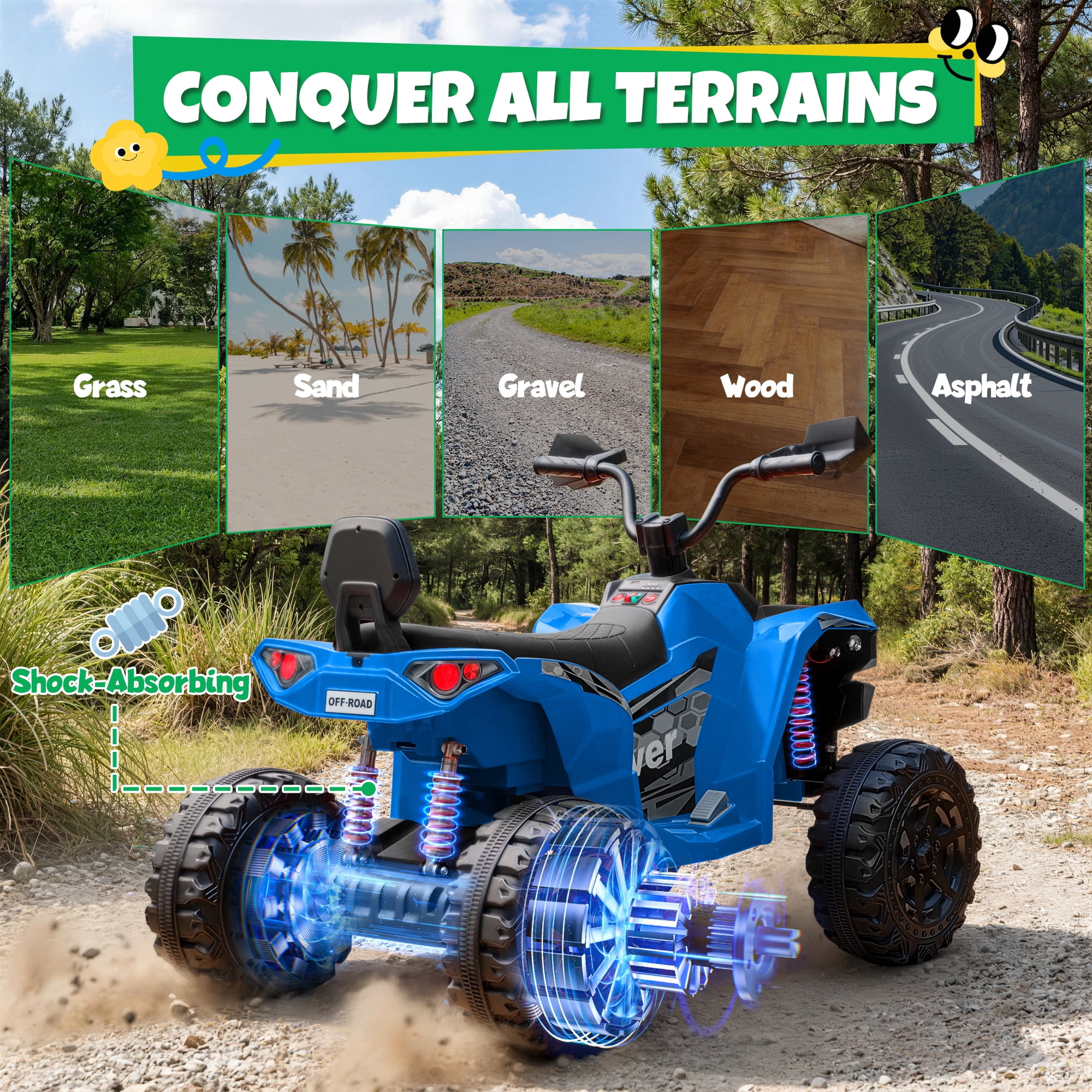 24V Kids Ride On ATV for Ages 3-8, 4WD Electric Quad with 4 Motors, Bluetooth Music, LED Lights, Spring Suspension, 3-5 km/h, 110 lbs Capacity, Battery Powered Toy for Boys Girls, Blue