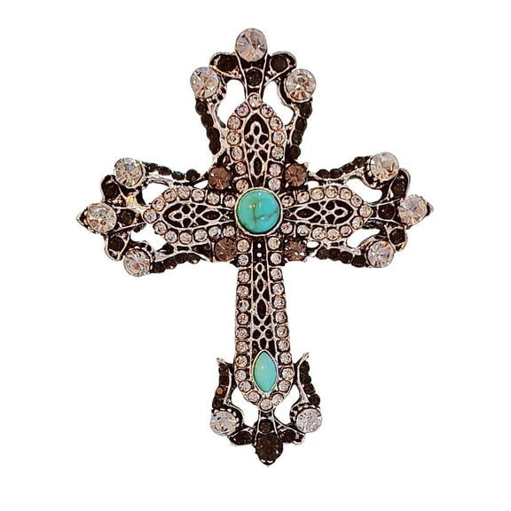 Victorian Vintage Turquoise Accent Silver Metal Filigree Cross Brooch Pin Religious Jewelry