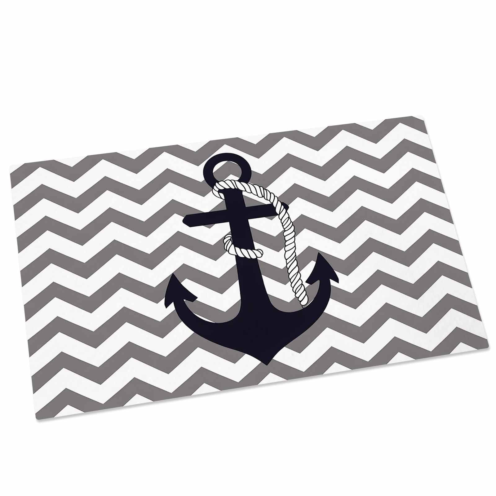 Black Nautical Anchor Indoor Door Mat - 18"x30", Non-Slip Welcome Mat for Outdoor, Gray Stripe Modern Wavy Lines Front Doormat for Entry, Low-Profile Doormat Entrance Rug for Kitchen/Bathroom