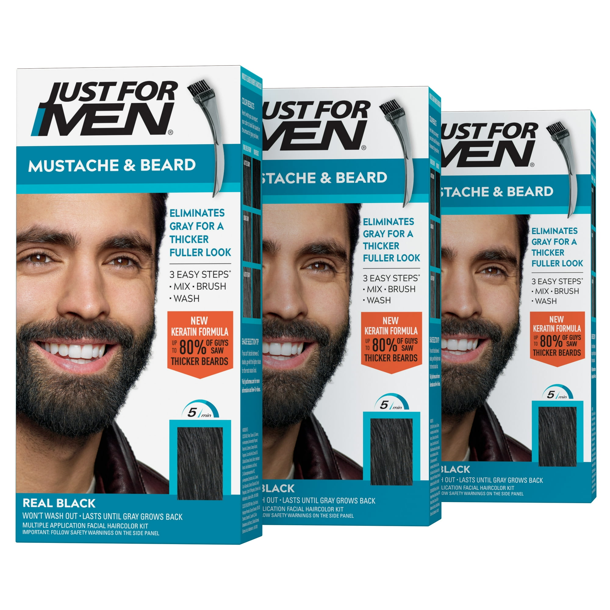Just For Men Mustache and Beard Coloring for Gray Hair, M-55 Real Black, 3 Pack