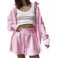 thumbnail image 4 of Women'S Cotton Summer 2 Piece Sets Long Sleeve Button Down Shirts Short Sets Vacation Outfits Pink M, 4 of 9