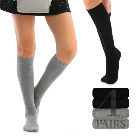 

HUGH UGOLI Women Cotton Knee High Socks Long Dress School Uniform Socks for Girls Soft & Lightweight Boot Socks Shoe Size: 8-11 Light Gray / Black 4 Pairs