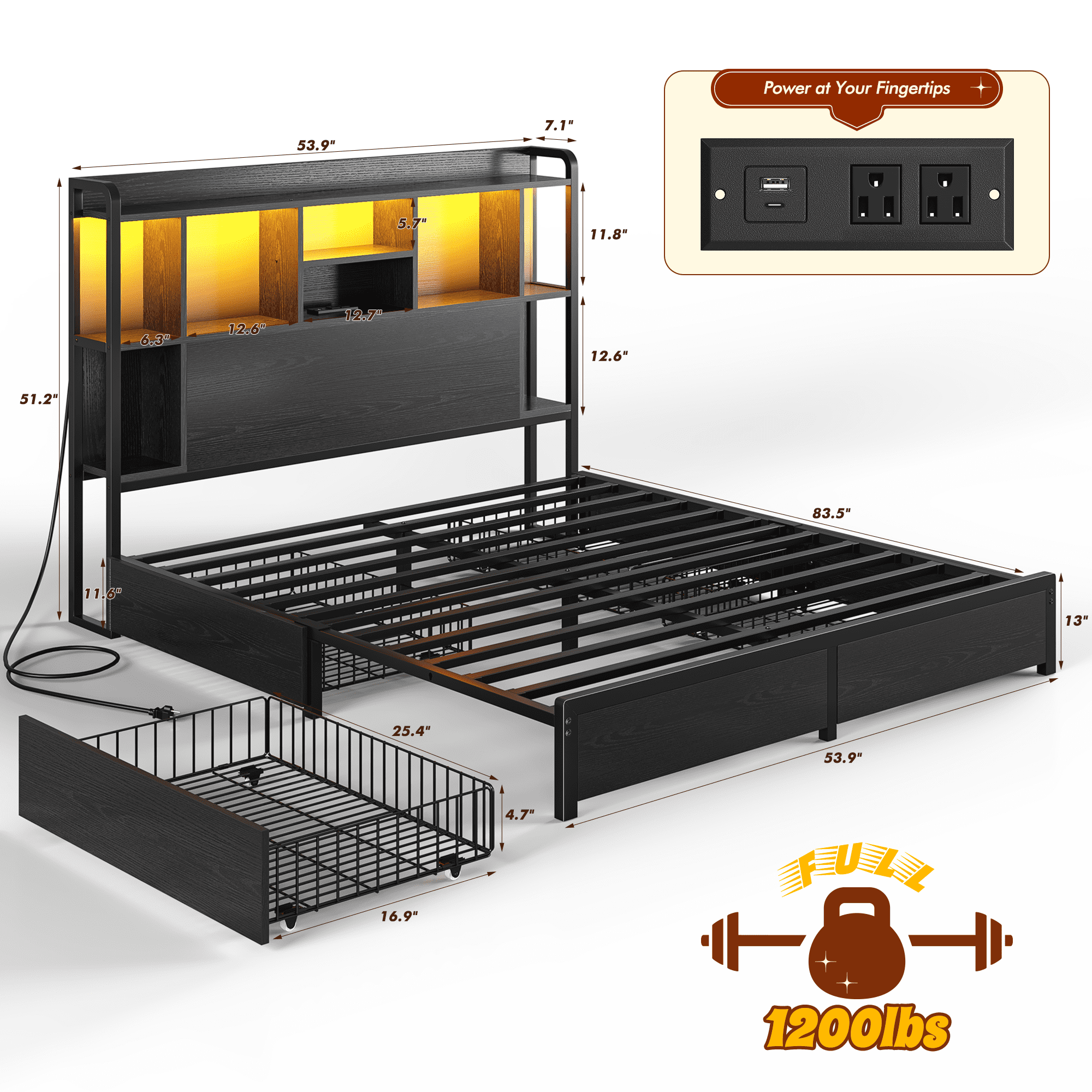 EnHomee Metal Bed Frame with 4 Storage Drawers Full Size Bed Frame with Storage Headboard & 3-Tier Shelf & Charge Station, Black