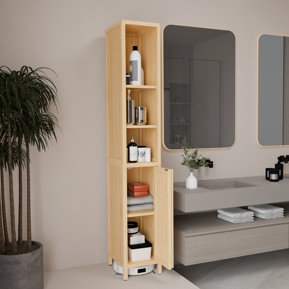 LUMAMIN Narrow Bathroom Storage Cabinet, Thin 65" Tall Bamboo Cabinets Corner Pantry with 4 Shelves & Open Compartment for Bedroom, Small Spaces, 10.6x13x64.6 inches