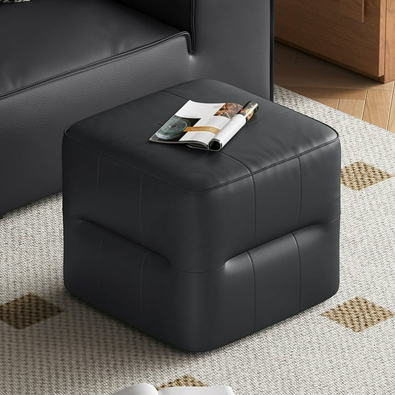 Square Ottoman Footstool with PU Fabric, 16.92” Upholstered Small Low Stool, Black Shoe Stool for Bedroom, Living Room, Entryway