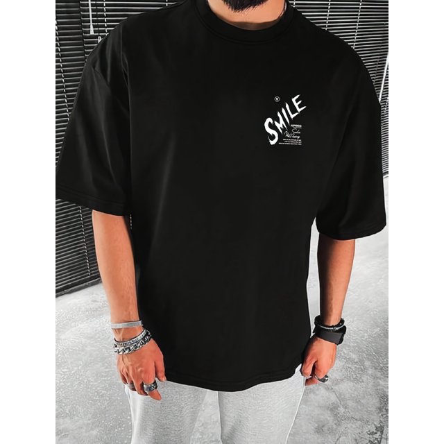 Men's Casual Cotton T-Shirt - "Smile" Letter Print, Short Sleeve, Round Neck, Machine Washable, Summer Wear