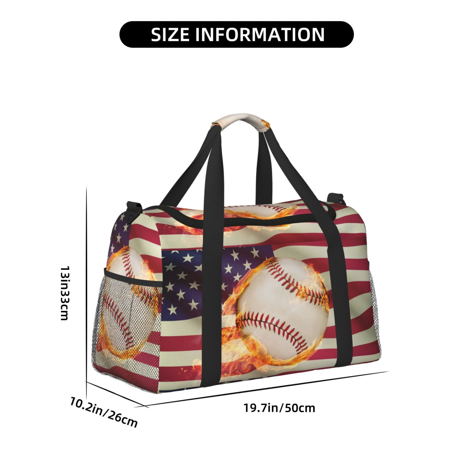 Picia Baseball Ball With Flag Print Travel Duffle Bag,Weekender Bags for Women with Shoe Compartment, Gym Duffel Bag with Wet Pocket, Hospital Bags for Labor and Delivery