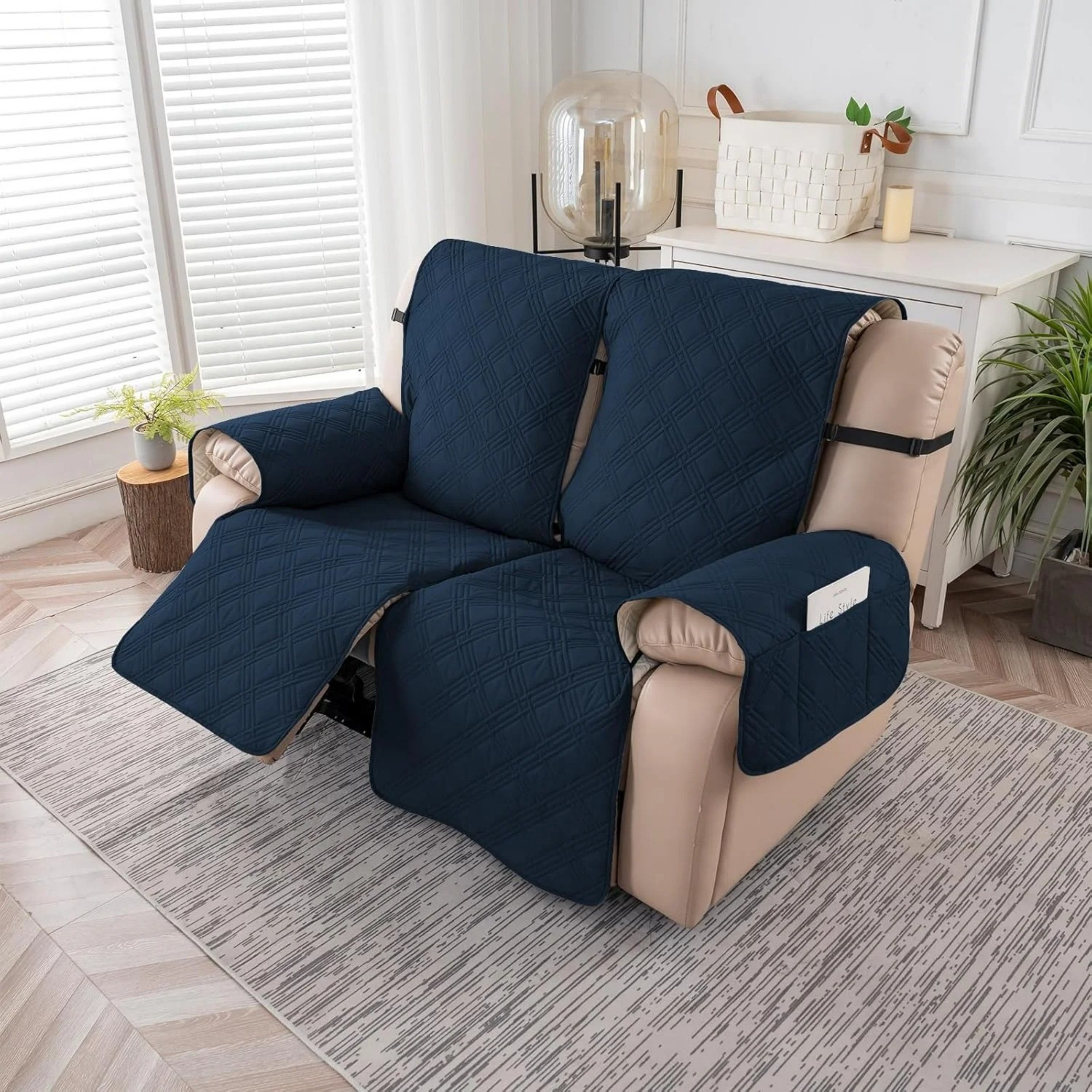Lavish Cover 100% Waterproof Recliner Loveseat Cover, 2 Pieces Non-Slip Recliner Couch Slipcovers, Washable Furniture Protector with Pockets & Elastic Straps for Kids Pets, 2 Seaters, Dark Blue