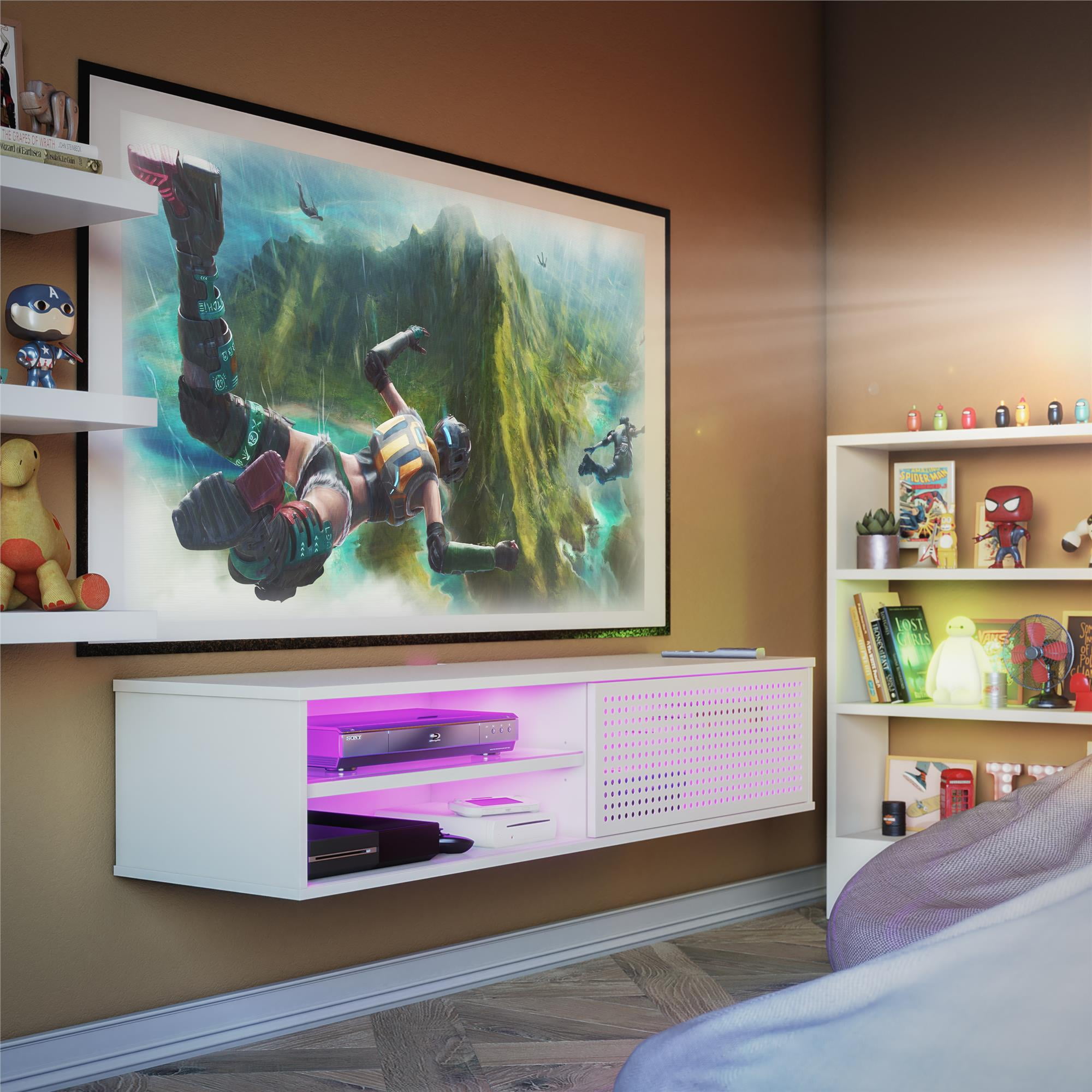 Aukfa Floating Gaming TV Stand for TVs up to 60", Wall Mounted Entertainment Center with LED,White