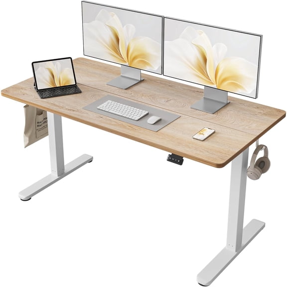 Height Adjustable Standing Desk, 55x 24 Inch Electric Stand up Home Office Table, Sit Stand Desk Computer Workstation with Splice Board, White Frame & Greige Desktop