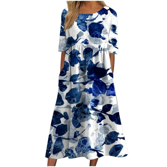 QUYUON Women’s T Shirt Midi Dress with Pockets, Summer Short Sleeve Round Neck Vintage Floral Dresses Ladies Loose Casual Pleated Tunic Flowy Dress Beach Sundress A-Line Style D231, Blue XXL