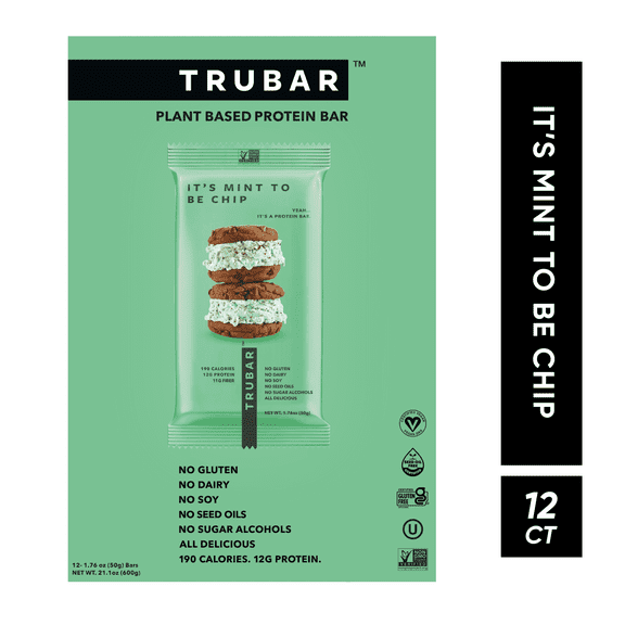 TRUBAR Protein Bar, It's Mint to Be Chip, Plant Based Protein, Vegan, Gluten Free, Kosher, 12 Count (Box)