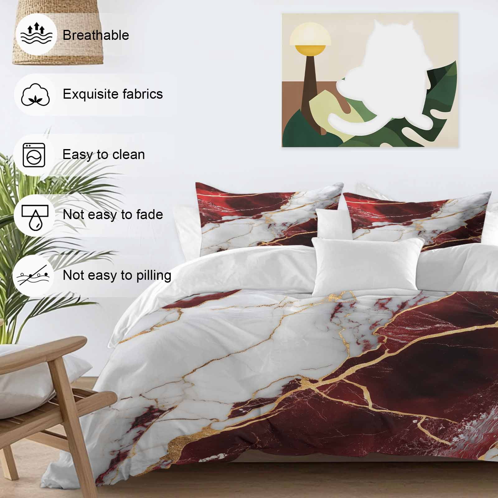 Queen 4 Piece Bedding Set Burgundy Red White Marble Soft Breathable Duvet Cover and Pillowcase, Modern Abstract Stone Crack Texture Duvet Cover Set Bed Sheets for Bedroom Dormitory Guest Room