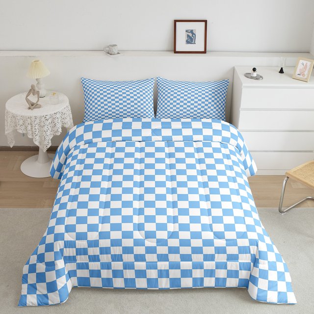 Erosebridal Checkered Gingham Bedding Queen Comforter Set, Blue Buffalo Down Comforter, Rectangle Geometry Decor, 3-Piece