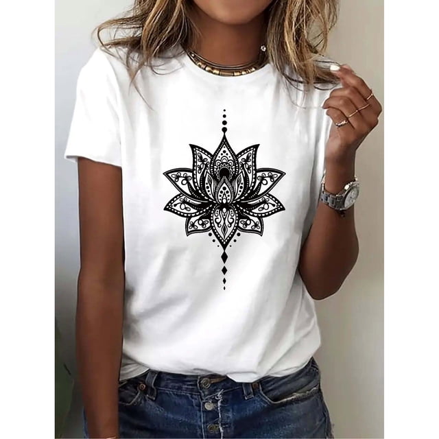 Camiseta de manga corta con estampado de pétalos de loto, una camiseta floral moderna para mujer en primavera y verano, tu mejor opción