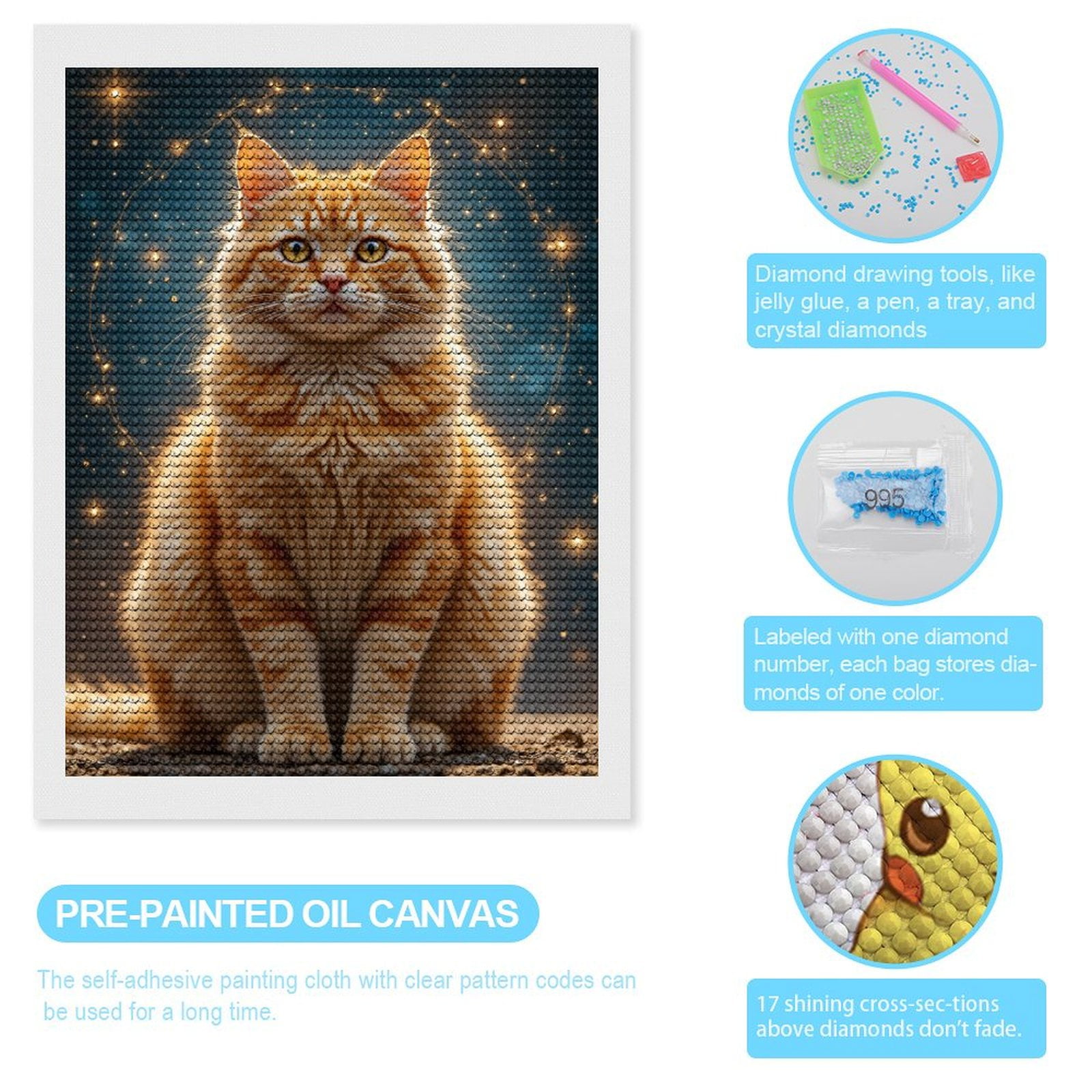 Diamond Art Kits for Adults, Orange Tabby Cat Sparkling 5D Diamond Painting Kits for Adults Beginners, DIY Full Drill Diamond Painting, Gem Art and Crafts 12x16