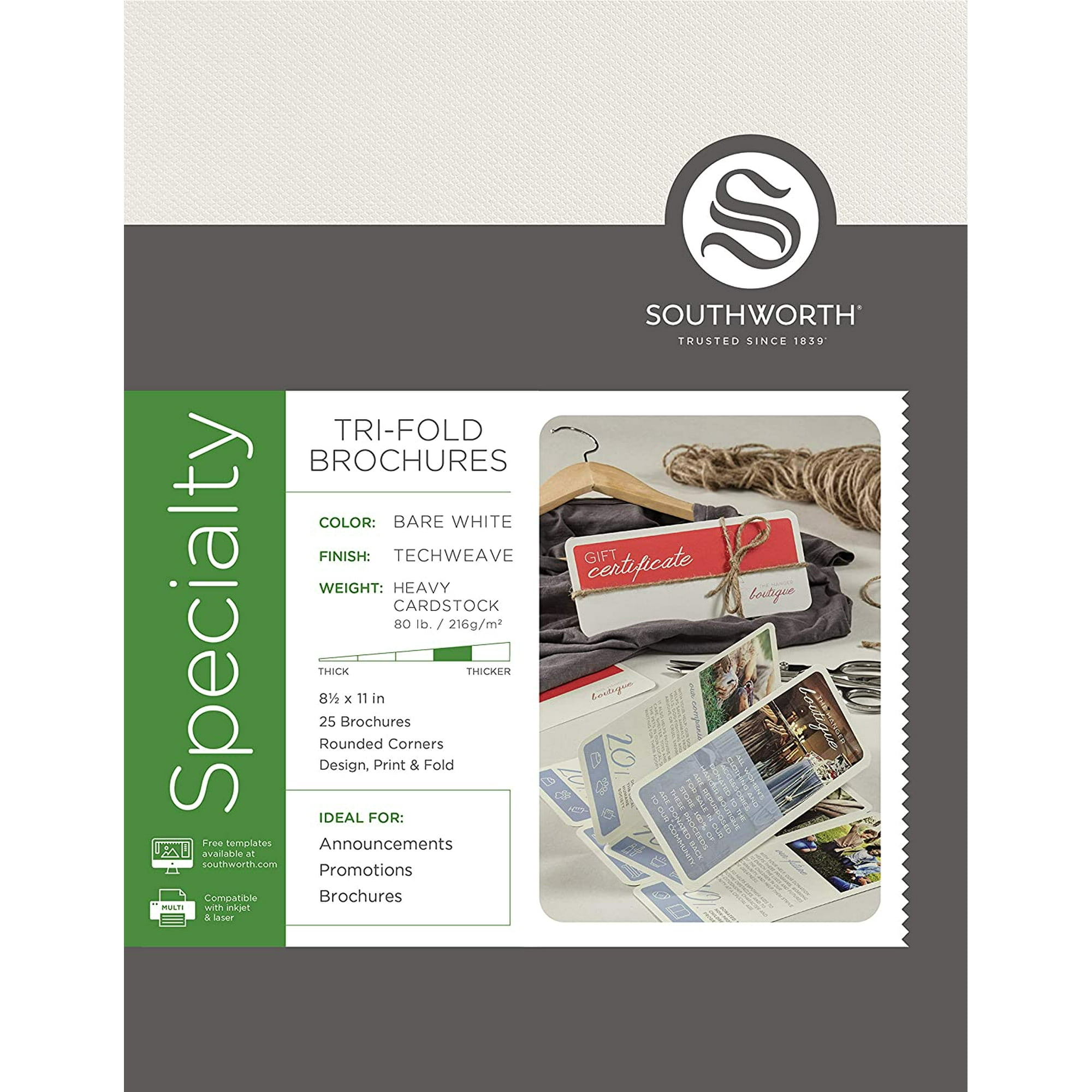 southworth tri-fold brochures, 8.5" x 11", 80 lb/216 gsm, techweave finish,  bare white, 25 ct. - packaging may vary