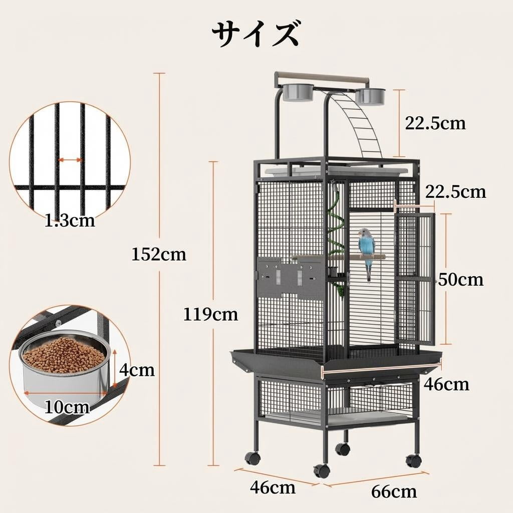 Spacious 60 Inch Wrought Iron Bird Cage with Play Top. 4 Stainless Steel Bowls. Slide-Out Tray. Rolling Stand - Ideal for Parrots. African Grey. Cockatiel. Conure. Budgie. . Canary - White
