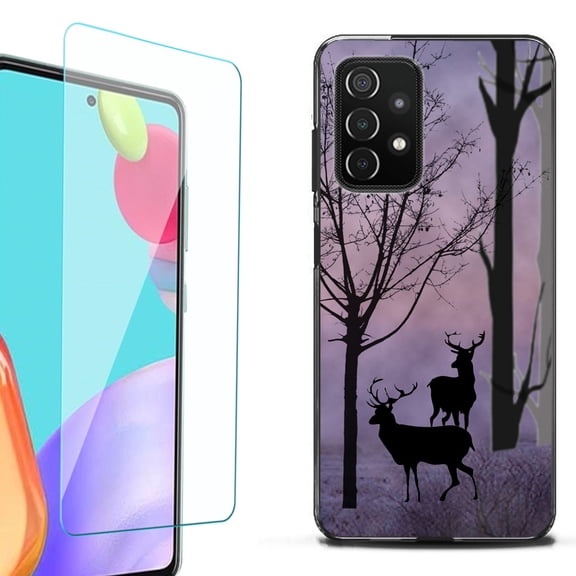 Slim-Fit Flexible TPU Gel Phone Case (black) for Samsung Galaxy A52 5G, with Tempered Glass Screen Protector, by OneToughShield ® - Forest/Deer/Twilight