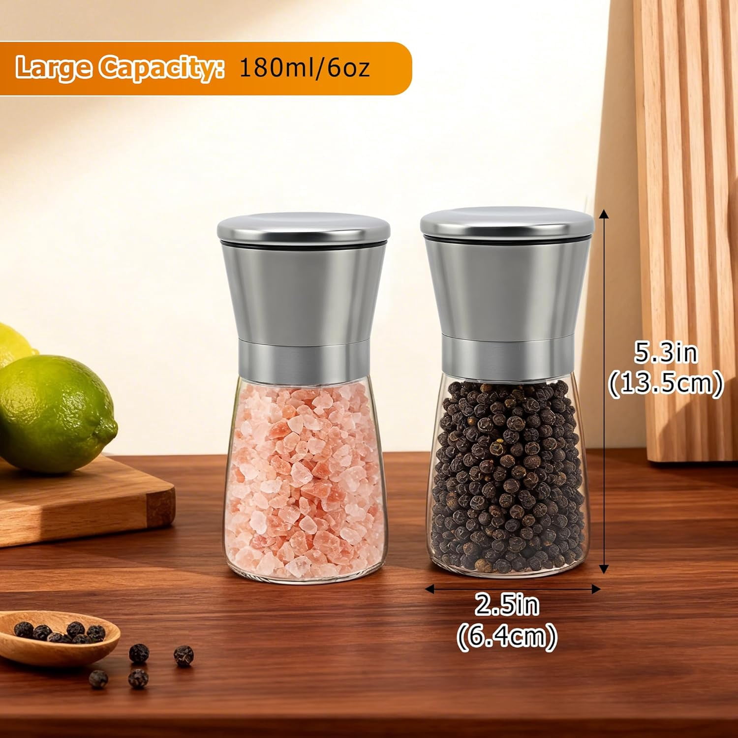 Short Silver Premium Stainless Steel Salt and Pepper Grinder Set of 2，Adjustable Ceramic Mill - Manual Grinder for Salt, Pepper [No Spices Included]