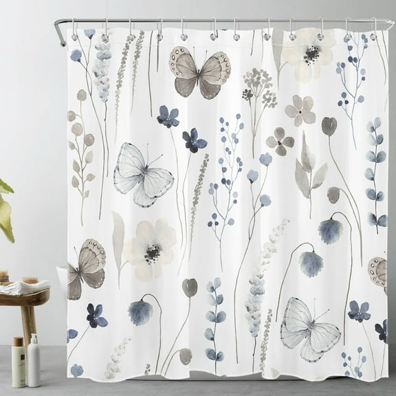 HVEST Grey Butterfly Shower Curtain,Vintage Watercolor Blue Floral and Eucalyptus Leaf Fabric Shower Curtain with Hooks,Spring Nature Floral Plant Bathroom Curtains Shower Set, 72x78 inch