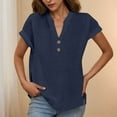 thumbnail image 2 of Olyvenn Womens Gauze Short Sleeve Tops V Neck Collar Button Down Shirts Dressy Casual Business Work Office Blouses Navy L, 2 of 5