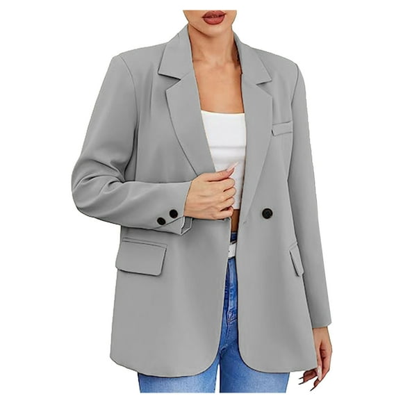 Mrat Women Blazers for Work Casual Fashion Casual Long Sleeve Coat Notch Lapel Open Front Shawl Collar Blazer Ladies Solid Open Front Cardigan Gray M