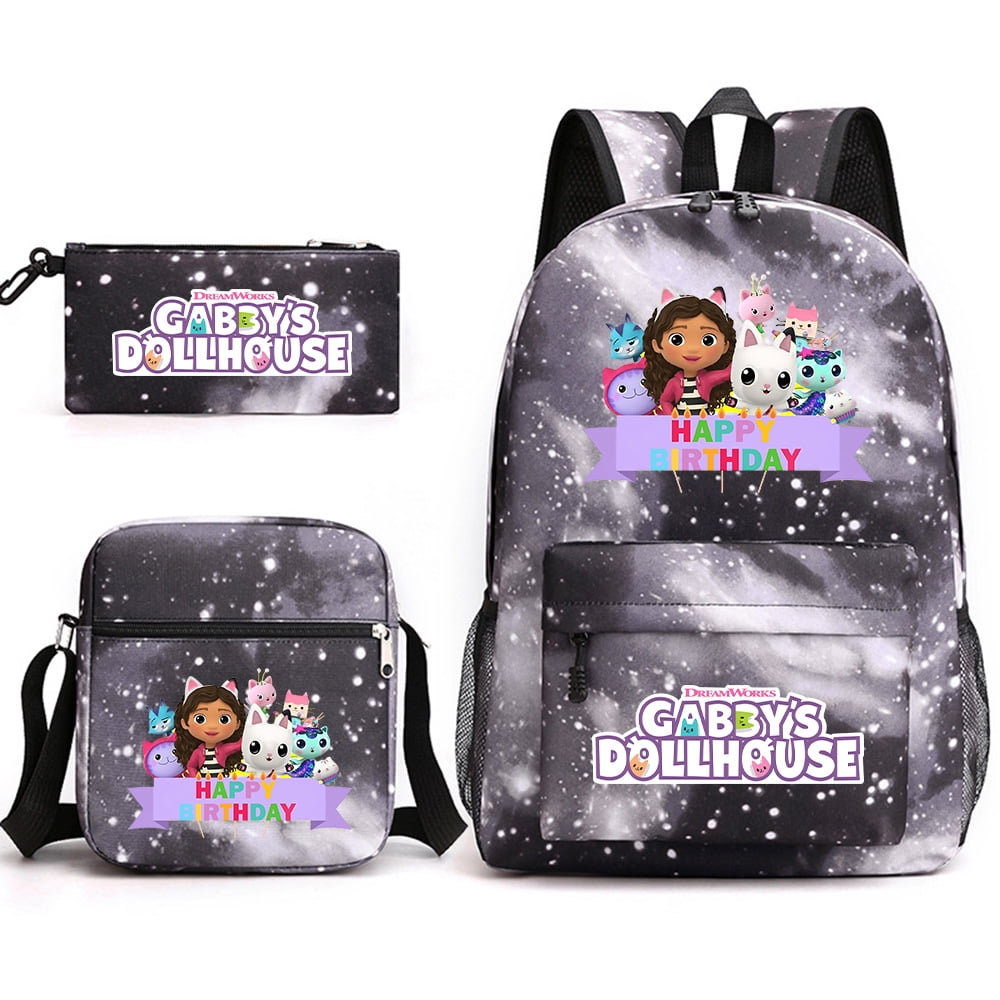 Gabby S Dollhouse Three Piece Schoolbag For Boys And Girls Casual Bag Printed Large Capacity Outdoor Backpack Starry sky black 3 WEVALLEY